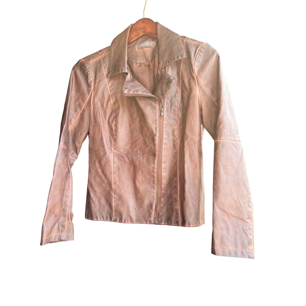 Bagatelle Womens Metallic Bronze Rose Gold Moto Jacket Faux Leather Size M 63059